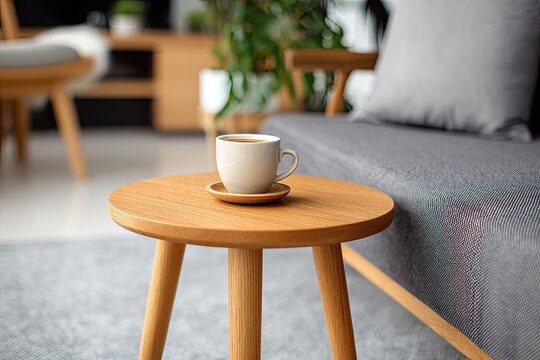 A cozy beverage rests on a round wooden table next to a sofa
