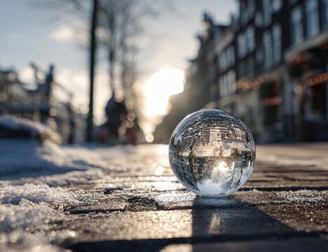 Sunlit glass orb on snowy, cobblestone path reflects buildings and canal