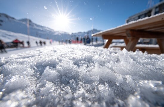Sunny day with icy foreground, wooden picnic table, and skiers