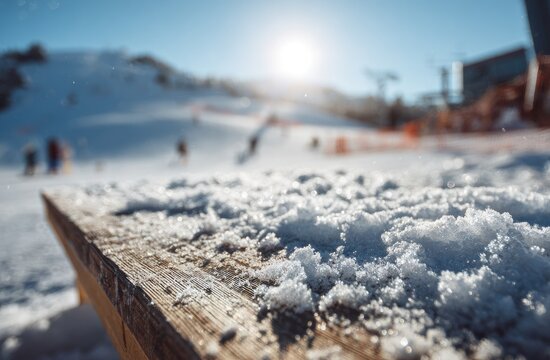 Snowy wooden bench in focus with blurred ski slope and bright sun in background