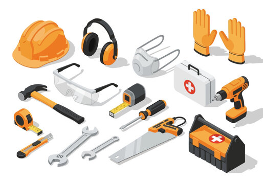 Collection of essential safety and construction equipment including hard hat, earmuffs, goggles, first aid kit, hammer, saw, and tools for protection and repair