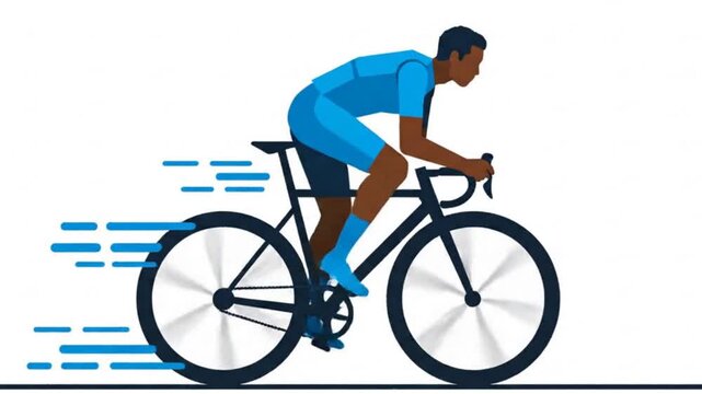 Minimal vector animation of a cyclist riding fast on a road