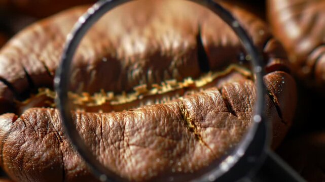 Macro of coffee beans with magnifying glass showing detail, coffee quality control.