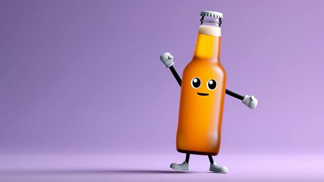 Cartoon character bottle with arms and legs joyfully poses with a smiling face against a purple background, showcasing a playful and vibrant personality in a whimsical setting
