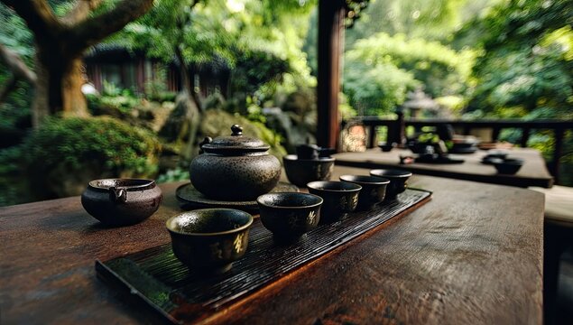 Tranquil outdoor tea setting with ceramic cups and teapot on wooden table