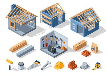 Fototapeta premium Construction and renovation isometric icons and elements, showcasing tools, materials, and building stages for home improvement projects