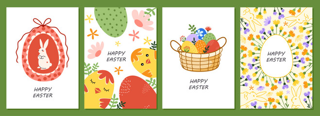 Fototapeta premium Happy Easter set of greeting cards, posters, holiday covers. Spring design with festive eggs, wicker basket, rabbit, chicks, flowers and bow.