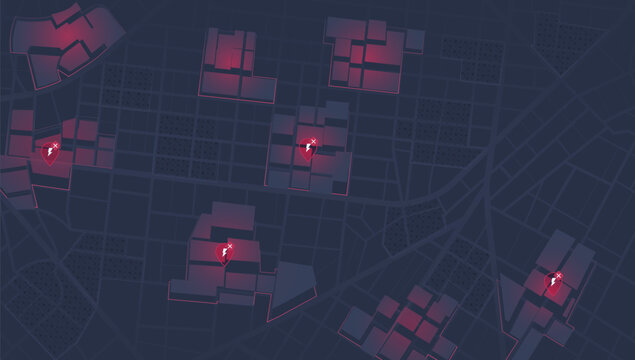 Red power Alert Location Pins and Highlighted City Blocks. Vector illustration.