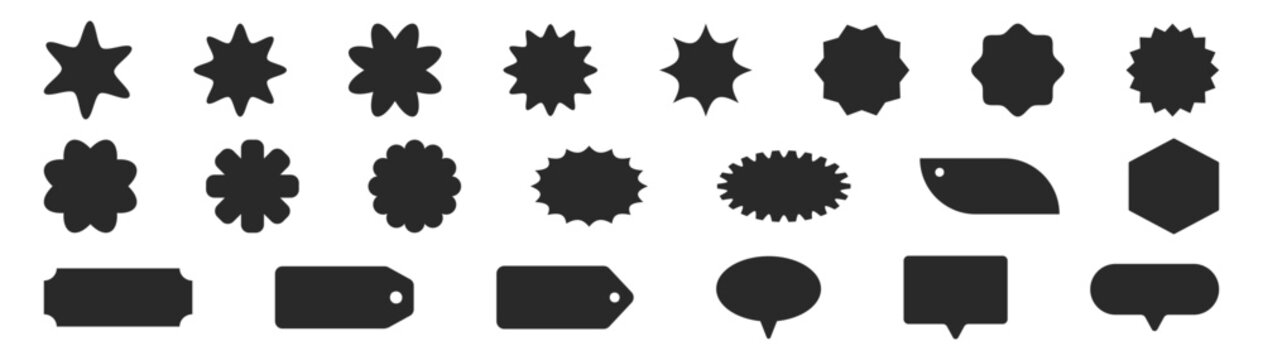 Abstract starburst badges and label shapes vector set, blank sticker tag and emblem silhouettes collection isolated on transparent background