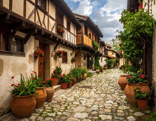 Fototapeta premium A charming, quaint street scene featuring aged buildings with timber frames, flower pots, and cobblestone paths