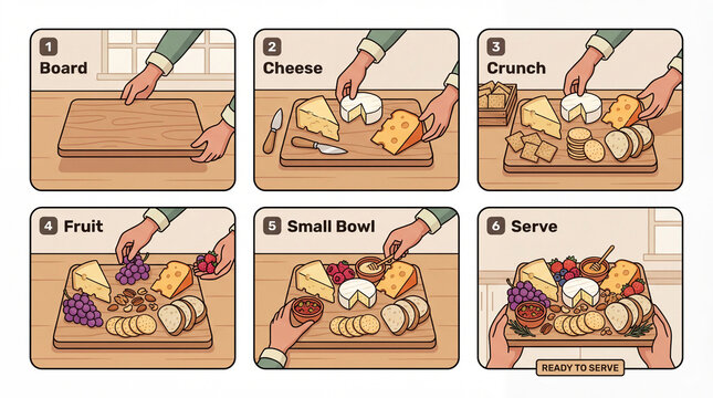 Cheese Board Assembly Process Infographic with Arrangement, Pairing and Final Presentation.