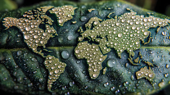 A world map that is both beautiful and demonstrates environmental sustainability with water drops on a green leaf