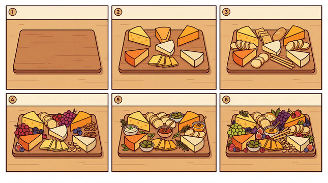 Cheese Board Assembly No Text Visual Workflow with Numbered Step Platter Build.