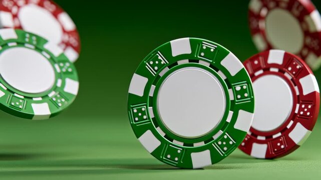 Colorful casino poker chips in green and red spin and fall on a green felt surface, showcasing dynamic motion and vibrant colors in a gaming environment