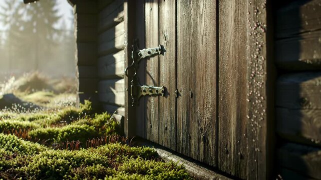 Rustic wooden cabin door with moss and forest view, showcasing nature and architecture in a tranquil landscape with texture.