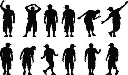 Silhouette expressive dance poses of a person in casual clothing, showing dynamic gestures, movement, rhythm, choreography, performance, emotion, and artistic body language © Horgobinda