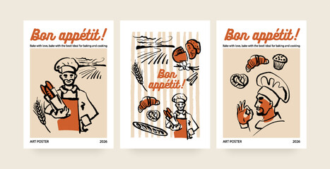 Naklejka premium Hand drawn bakery retro poster set. Vintage croissant, baker and chef sketch vector illustrations. Crayon style banners