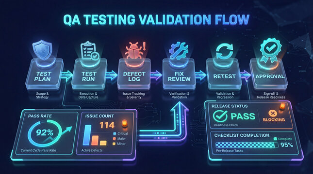 QA Testing Validation Flow Futuristic 3D Infographic Board for Software Quality Assurance and Release Readiness.