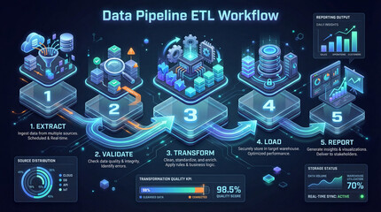 Data Pipeline ETL Workflow Futuristic 3D Infographic Poster for Analytics Engineering, Enterprise Reporting and SaaS Data Operations.