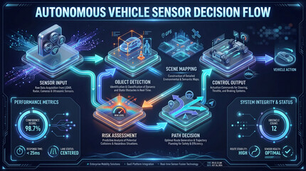 Autonomous Vehicle Sensor Decision Flow Futuristic 3D Infographic Poster for Mobility Intelligence and Perception Control.