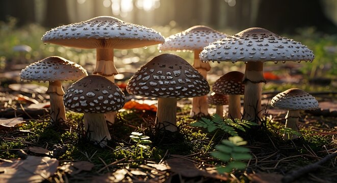 Whimsical cluster of decorative mushrooms in a sunlit garden setting. mush