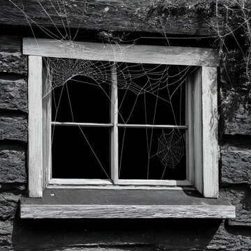 View of desolated window with spider and web on.
