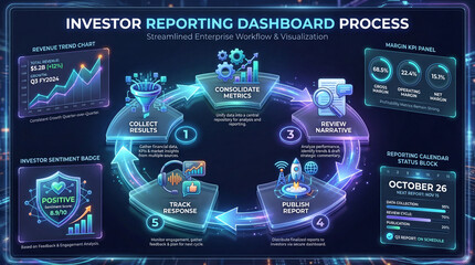 Obraz premium Investor Reporting Dashboard Process Futuristic 3D Infographic Poster for Financial Communication, Performance Review and Corporate Reporting.