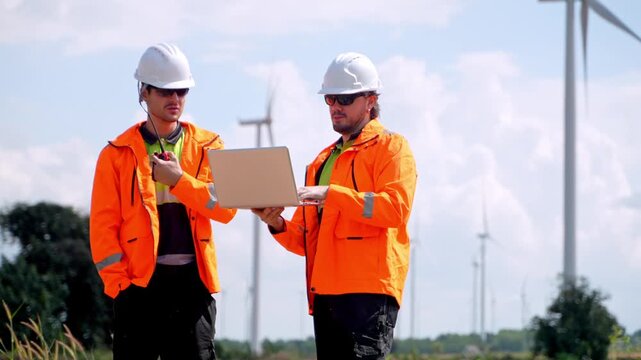 Engineers collaborating on wind energy project outdoor field professional image sunny environment close-up view renewable solutions