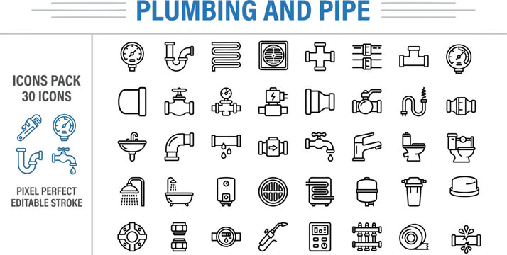 Plumbing and Pipe System Outline Vector Icon Set &mdash; Water Valve, Faucet, Meter, Drainage and Pipe Fittings Editable Stroke Icons