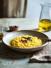 Creamy yellow risotto bowl serving italian comfort food with sage and olive oil on rustic table