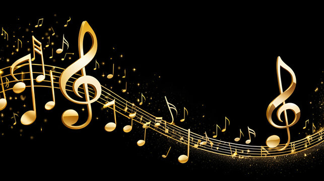 Golden music notes on black background. Musical notes floating on staff. Glowing music symbols. Sparkling particles around. Dark background with shining notes. Wave of music with sparkles.