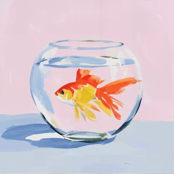 Goldfish swimming in round glass fishbowl, gouache or acrylic painting style illustration with expressive brushstrokes on pink and blue background.