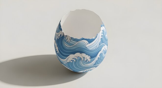 Modern Easter concept: Broken egg shell with blue ocean wave