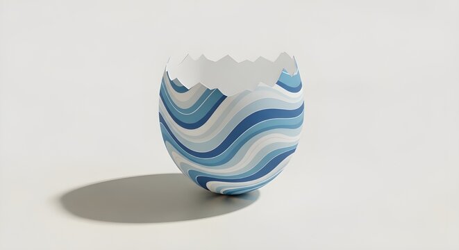 Broken Easter egg with blue wave pattern on white background