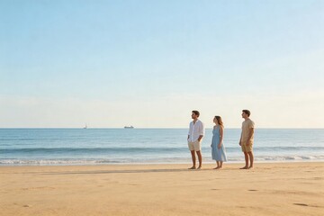 Three people standing on a beach
