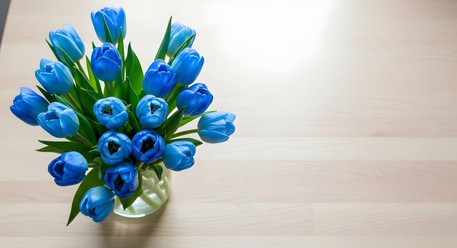 Top view of vibrant royal blue tulips, spring season flower arrangement for home decor with copy space