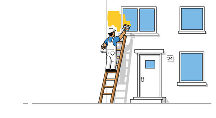 A single male painter on a wooden ladder applies yellow paint to a white building's exterior wall.