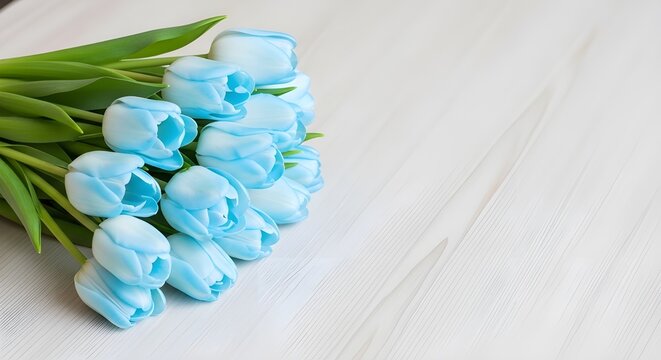 Blue Tulip Bouquet on Light Wooden Background for Spring Festival