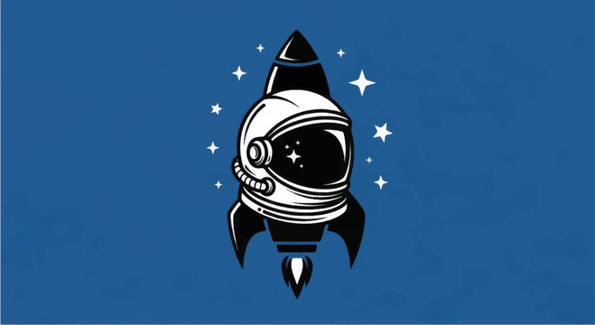 Astronaut Helmet on Rocket Ship Illustration.