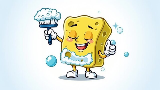 Happy Sponge Character with Brush and Soap Bubbles Cartoon Mascot Illustration.