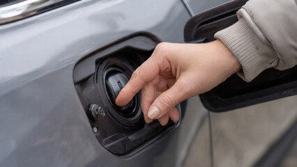 Hand opening fuel tank cap of silver car for refueling