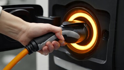 Person Plugging Power Cable into Electric Vehicle Charging Port