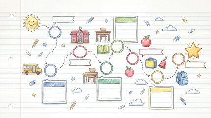 Fototapeta premium First Day at School Timeline Template with Blank Milestones on Lined Notebook Paper No Text.