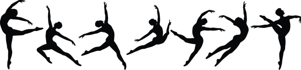 Black silhouette vector illustration of seven dancers in dynamic ballet and contemporary poses, symbolizing grace, movement, flexibility, strength, artistic expression, and performing arts