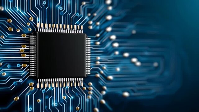 Microchip with gold pins on blue circuit board, showing progressive details of electronic connections and components in a close-up view of technology and innovation