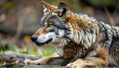Obraz premium Captivating portrait of a majestic wolf resting in its natural habitat.
