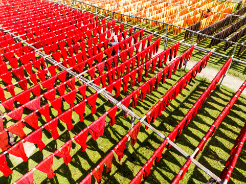 Aerial view of vibrant red, orange, and brown textiles suspended in rows, creating a colorful geometric pattern against the green grass, Narayanganj, Dhaka Division, Bangladesh.