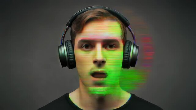 レトロ音楽に没入するヘッドフォン姿の人物とグリッチ抽象ディストーション表現