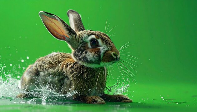 Brown Rabbit Splashing in Water Against Green Background.