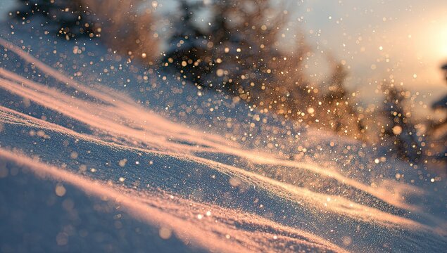 Glittering snowdrifts catch warm sunlight, creating a magical winter atmosphere